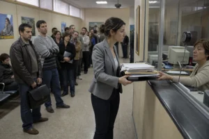 Candidata joven entrega un grueso fajo de papeles a una funcionaria del SEPE mientras una cola de demandantes confundidos espera detrás en una oficina de aspecto noventero
