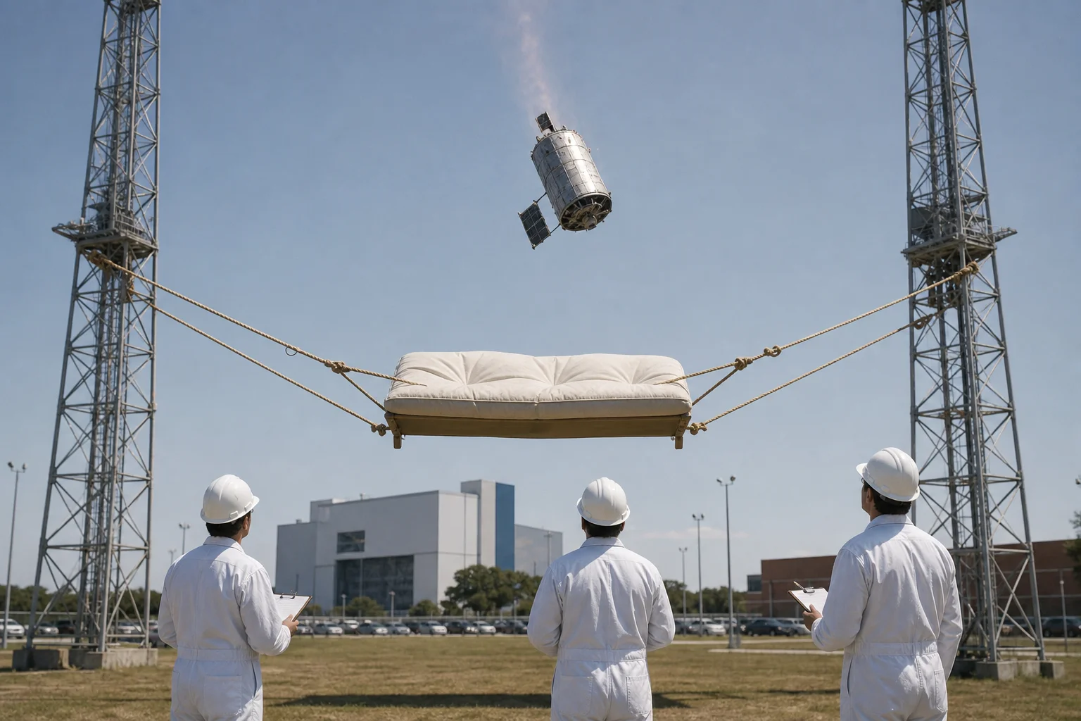 Tres ingenieros con casco blanco esperan en el césped del Centro Espacial Johnson mientras un telescopio cilíndrico cae con estela de plasma sobre un futón colgado a modo de hamaca entre dos torres de comunicaciones