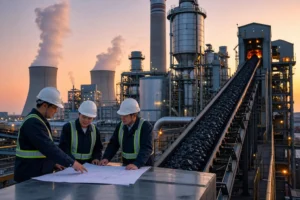 Tres ingenieros con casco blanco y chaleco reflectante examinan planos sobre una mesa metálica frente a una planta termoeléctrica china con torres de refrigeración y cinta transportadora de carbón al atardecer