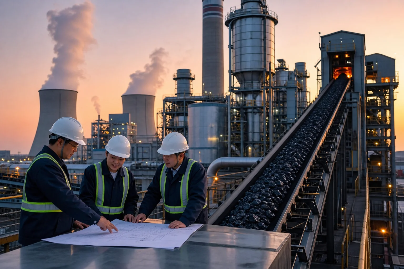 Tres ingenieros con casco blanco y chaleco reflectante examinan planos sobre una mesa metálica frente a una planta termoeléctrica china con torres de refrigeración y cinta transportadora de carbón al atardecer