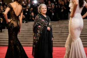 Mujer mayor española de pelo gris recogido sonríe en la alfombra roja de un evento de gala con un mantón de Manila negro bordado en flores; alrededor, otras invitadas de espalda en vestidos de gala