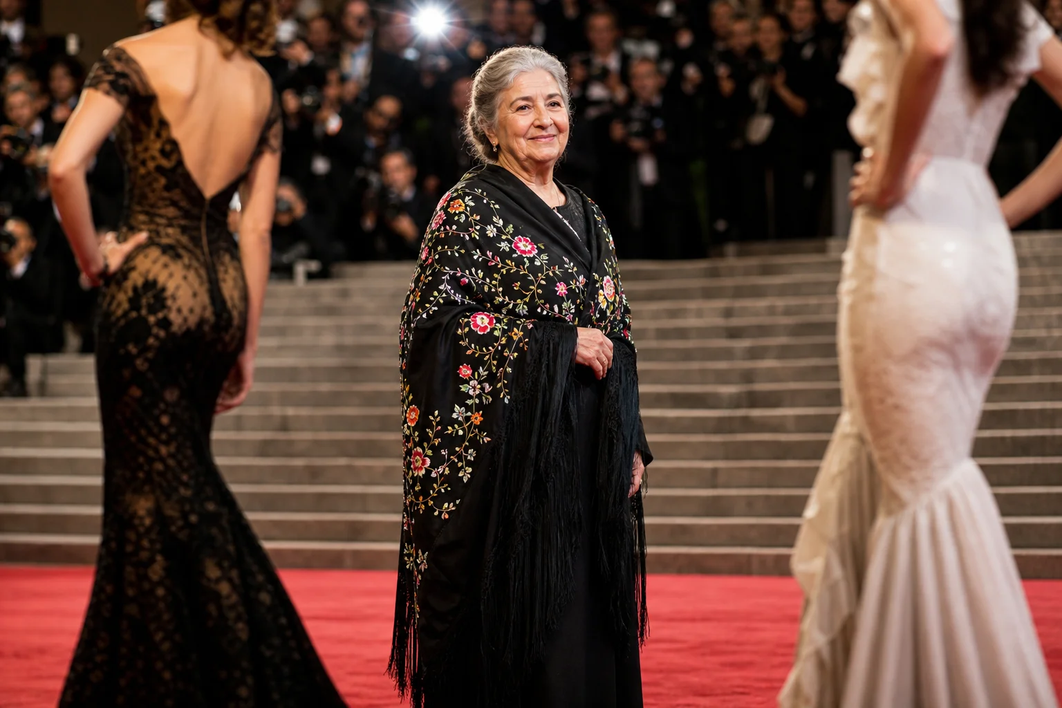 Mujer mayor española de pelo gris recogido sonríe en la alfombra roja de un evento de gala con un mantón de Manila negro bordado en flores; alrededor, otras invitadas de espalda en vestidos de gala