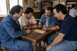 Cuatro hombres maduros con cazadora vaquera y polos sentados alrededor de una mesa de bar antiguo en Madrid se ríen mientras señalan un papel arrugado entre ellos, con vasos de cerveza y poster vintage al fondo