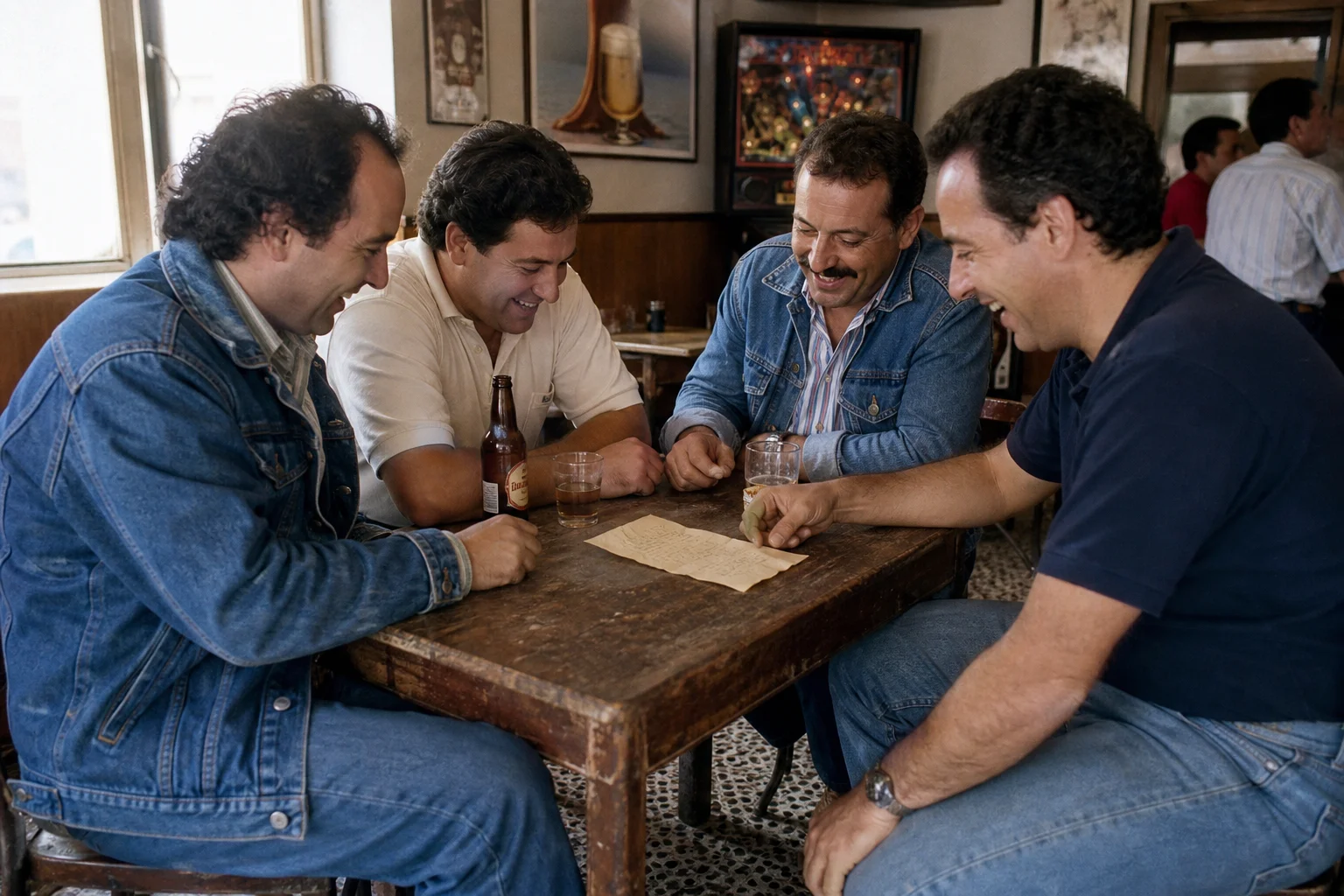 Cuatro hombres maduros con cazadora vaquera y polos sentados alrededor de una mesa de bar antiguo en Madrid se ríen mientras señalan un papel arrugado entre ellos, con vasos de cerveza y poster vintage al fondo