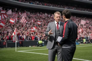 Entrenador alemán de mediana edad en traje gris y corbata roja gesticula sobre el césped de un estadio de fútbol mientras dialoga con su asistente joven en chándal, con la grada del Athletic de Bilbao llena de bufandas rojiblancas detrás