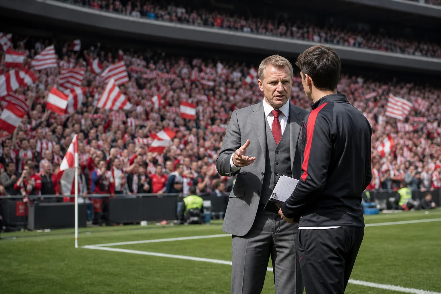 Entrenador alemán de mediana edad en traje gris y corbata roja gesticula sobre el césped de un estadio de fútbol mientras dialoga con su asistente joven en chándal, con la grada del Athletic de Bilbao llena de bufandas rojiblancas detrás