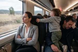 Una mujer adulta con blazer gris y brazos cruzados mira al frente desde el asiento de ventanilla de un tren AVE; al otro lado del pasillo un padre cansado se cubre la cara mientras su hijo de cuatro años se inclina sobre el respaldo intentando alcanzar la ventana