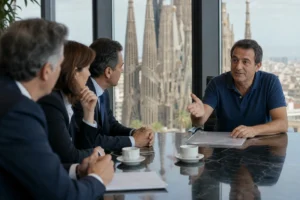 Sala de juntas en una torre de Barcelona con tres ejecutivos bancarios trajeados a un lado y un señor catalán en polo azul al otro, gesticulando con la mano abierta como pidiendo descuento; al fondo se ven las torres de la Sagrada Familia
