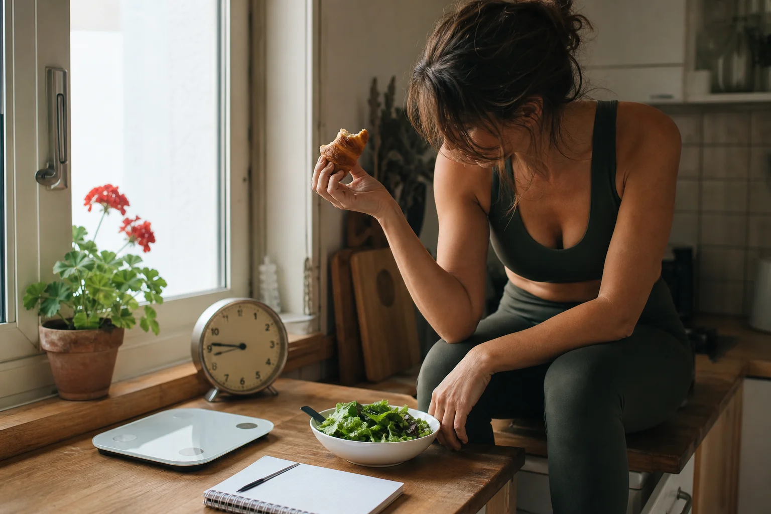 Mujer adulta con top deportivo y leggings sentada cabizbaja en la encimera de su cocina sostiene un cruasán a medio comer mientras al lado tiene una ensalada verde sin tocar, una báscula y una libreta con plan de comidas