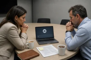Mujer y hombre de RRHH sentados frente a un portátil en una sala de reuniones gris, mirando con cara de tensión la pantalla de bienvenida de ChatGPT con cursor parpadeando, dos cafés enfriándose y una libreta cerrada sobre la mesa