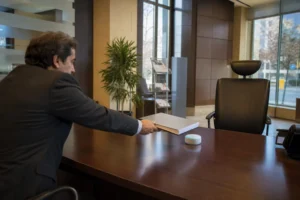 Cliente trajeado en una sucursal bancaria moderna entrega una carpeta gruesa con su hipoteca a un altavoz inteligente blanco que ocupa el sitio del director, mientras la silla ergonómica detrás del escritorio permanece vacía
