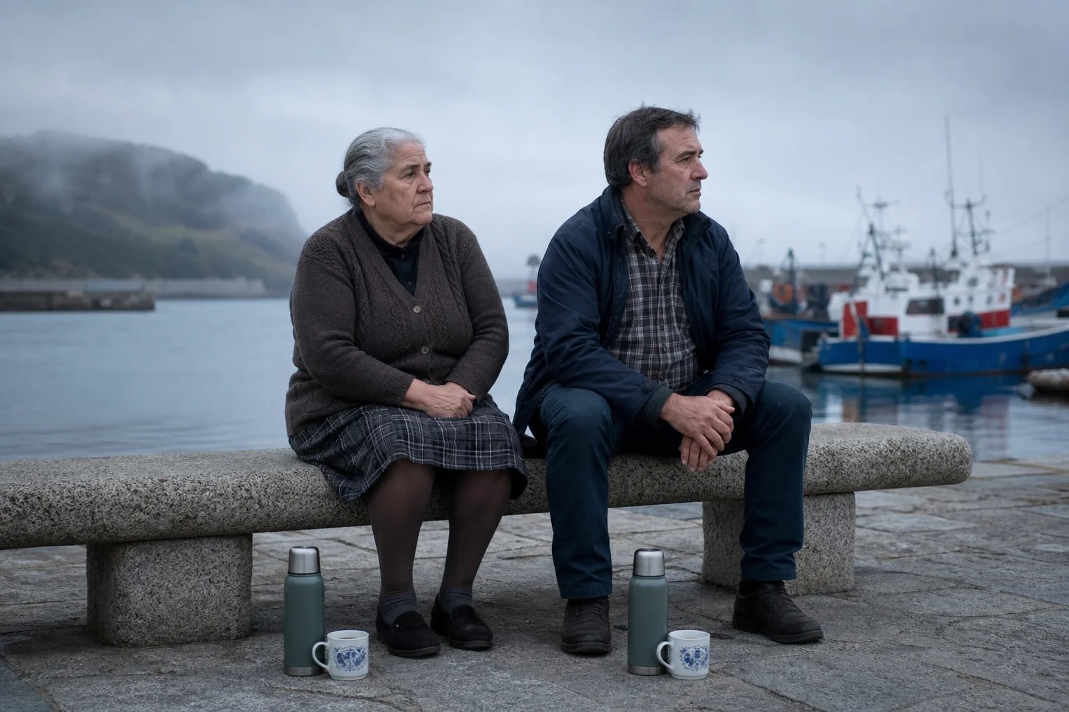 Una abuela gallega y un señor de mediana edad sentados juntos en un banco de granito frente al puerto de Cariño, los dos con la misma expresión melancólica, niebla suave sobre el mar y un termo a sus pies