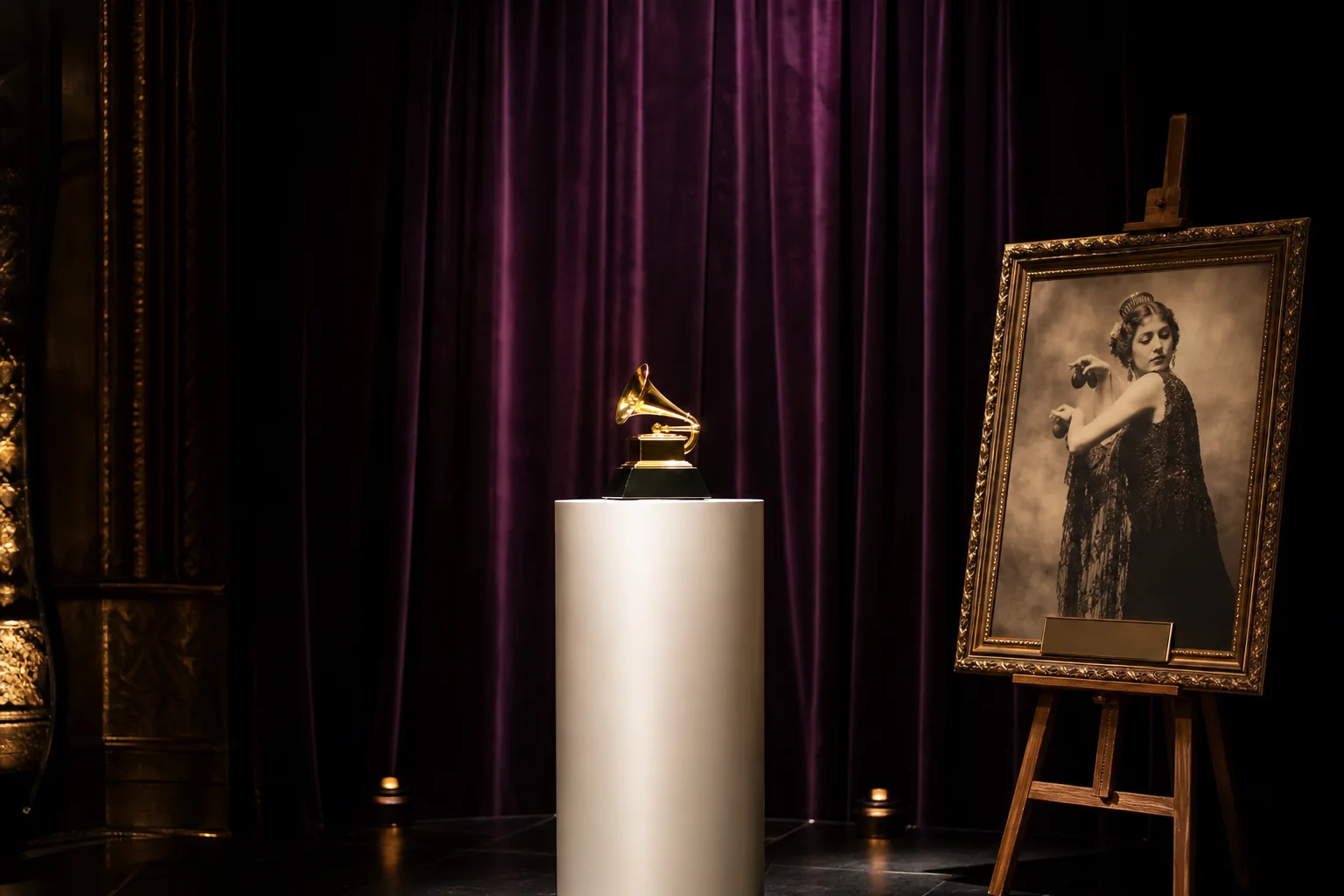 Trofeo dorado de Latin Grammy sobre un pedestal blanco junto a un retrato sepia con marco antiguo de la bailaora flamenca Antonia Mercé La Argentina sobre un escenario teatral con cortina púrpura