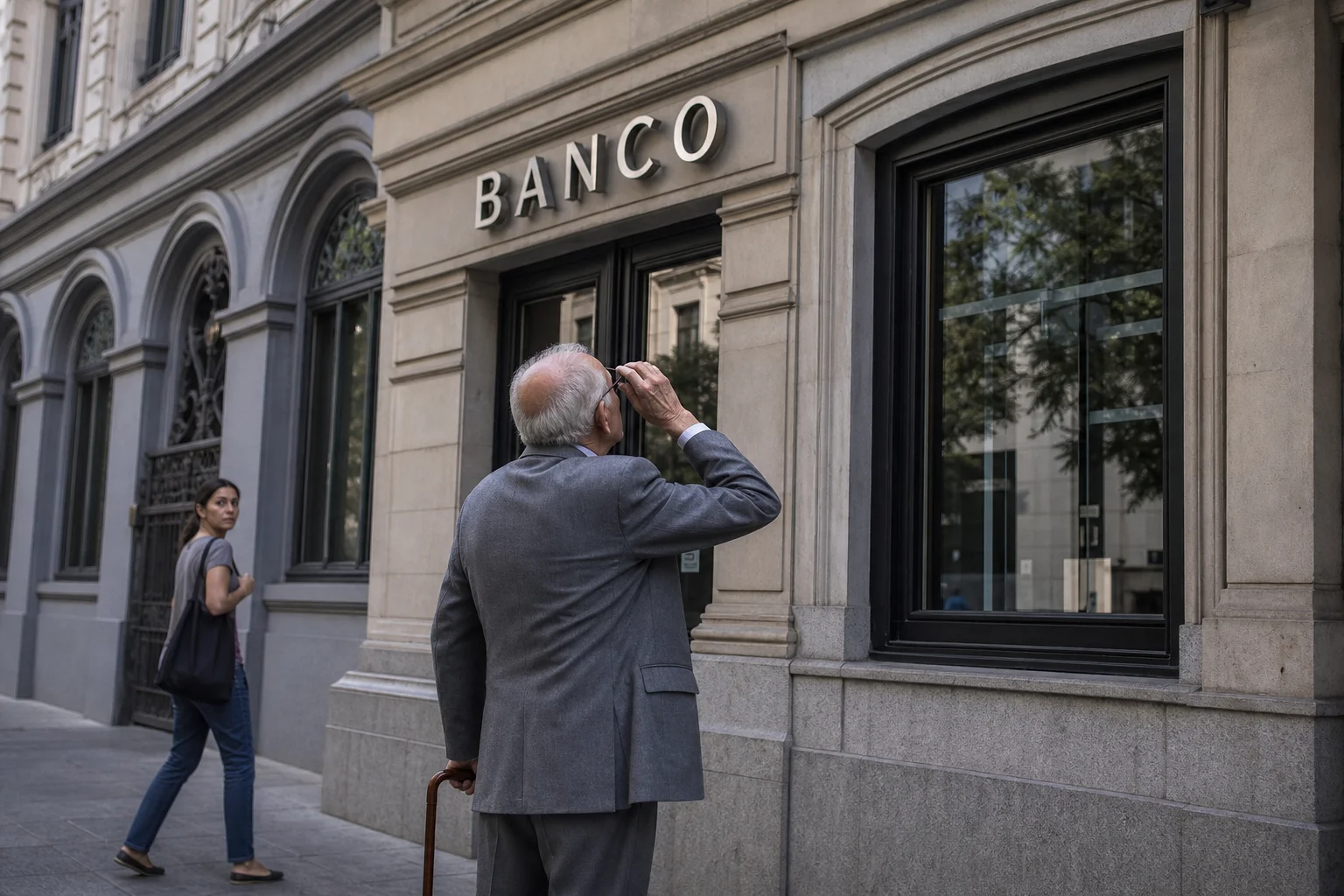 Hombre mayor con bastón y traje gris mira hacia arriba con cara de extrañeza la fachada de un banco español en cuyo letrero se lee únicamente la palabra BANCO en letras metálicas grandes y serias