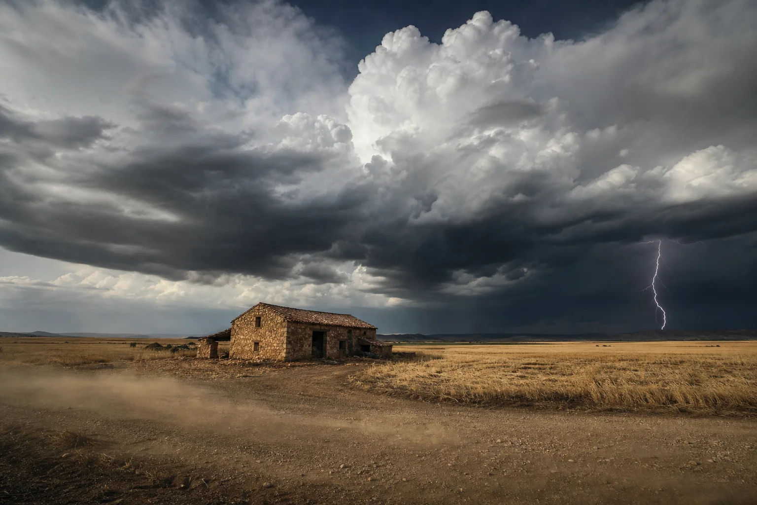 Cielo cubierto por enormes nubes de tormenta sobre una llanura aragonesa amarillenta con una casa de piedra de tejado rojo aislada en el centro y un rayo cayendo a la derecha