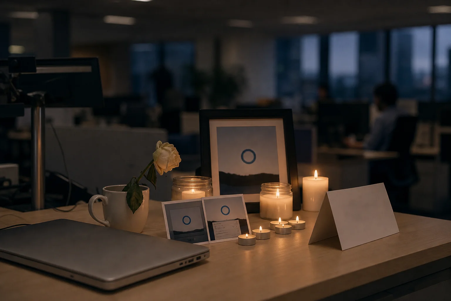 Sobre el escritorio cerrado de un trabajador de oficina, dos velas encendidas, una taza con rosa blanca marchita, dos fotos impresas con el círculo azul de Cortana y un cartel doblado, todo en penumbra al final del día