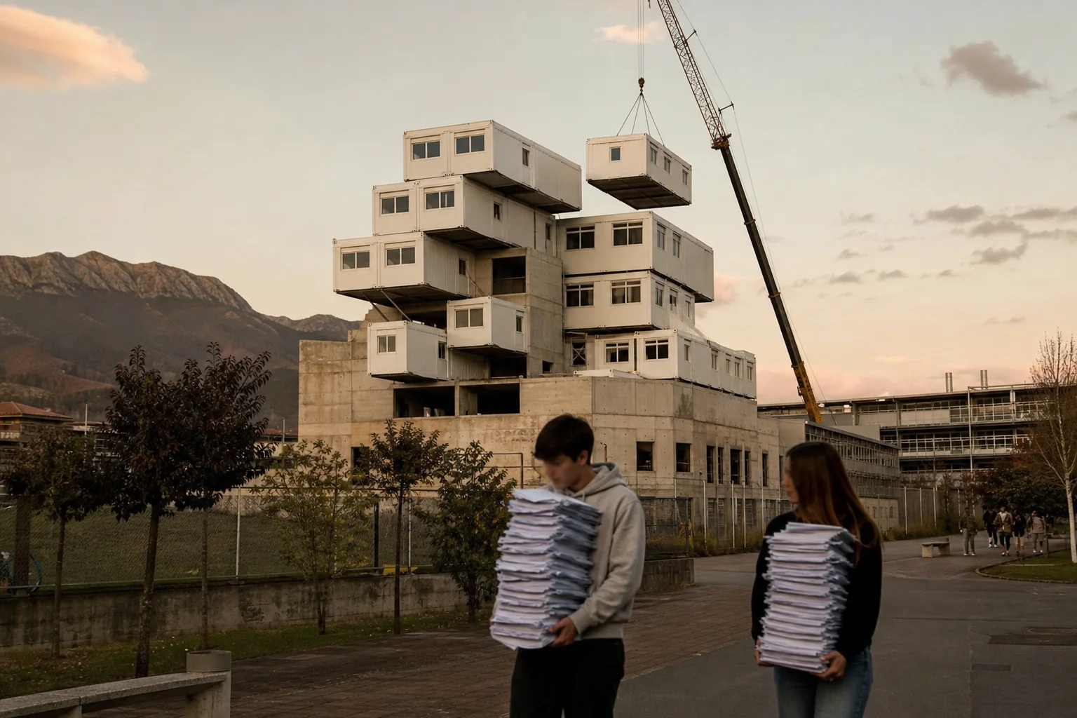 Vista general de un campus de Formación Profesional vasco al atardecer con una grúa colocando varios módulos blancos prefabricados encima del edificio existente, dándole al conjunto un aspecto inestable como de bloques apilados; en primer plano dos estudiantes con papeles caminan confusos