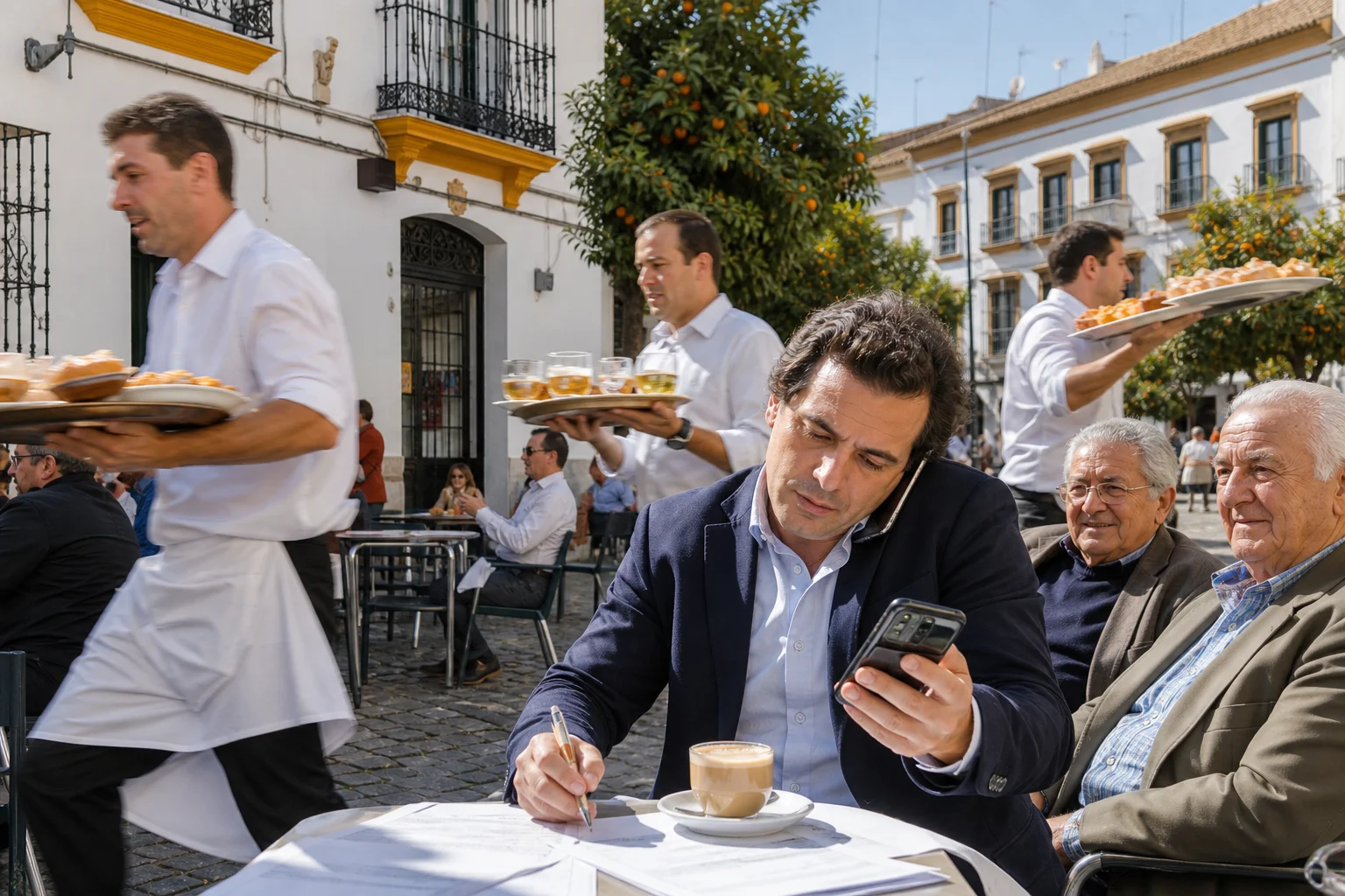 Plaza típica sevillana al mediodía con casas blancas y naranjos donde tres camareros corren con bandejas y un emprendedor adulto atiende dos móviles a la vez en una mesa de terraza, observado por dos vecinos mayores