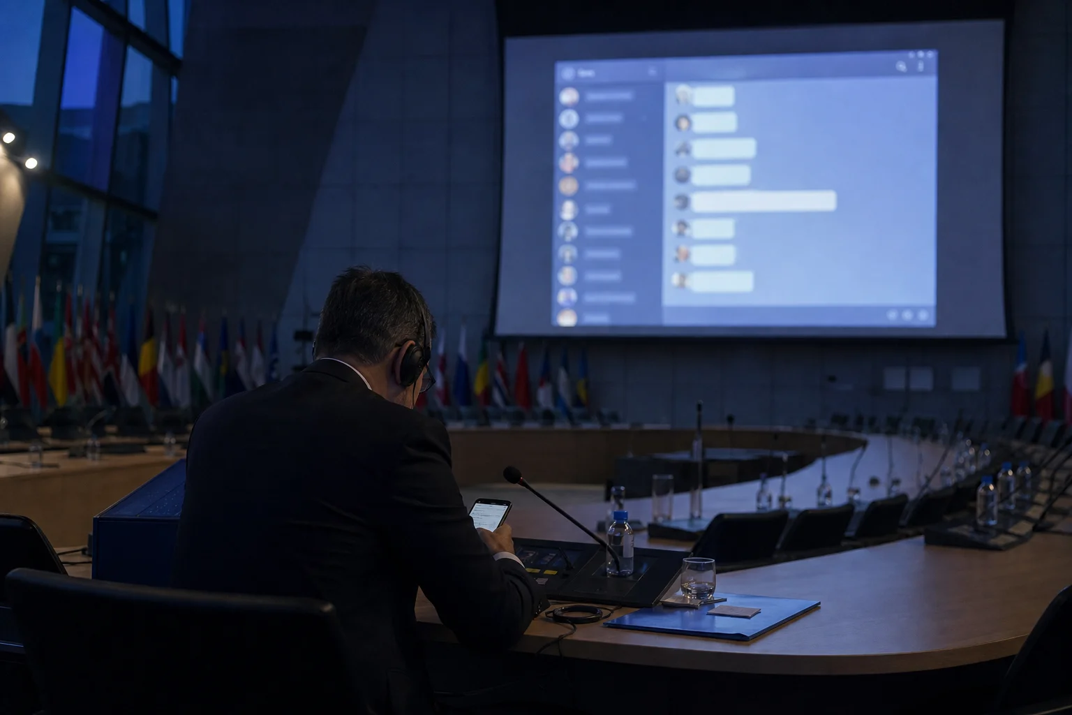 Hemiciclo de la OTAN en penumbra con un único delegado tecleando en su móvil ante una gran pantalla que proyecta un grupo de WhatsApp con muchos avatares de diplomáticos