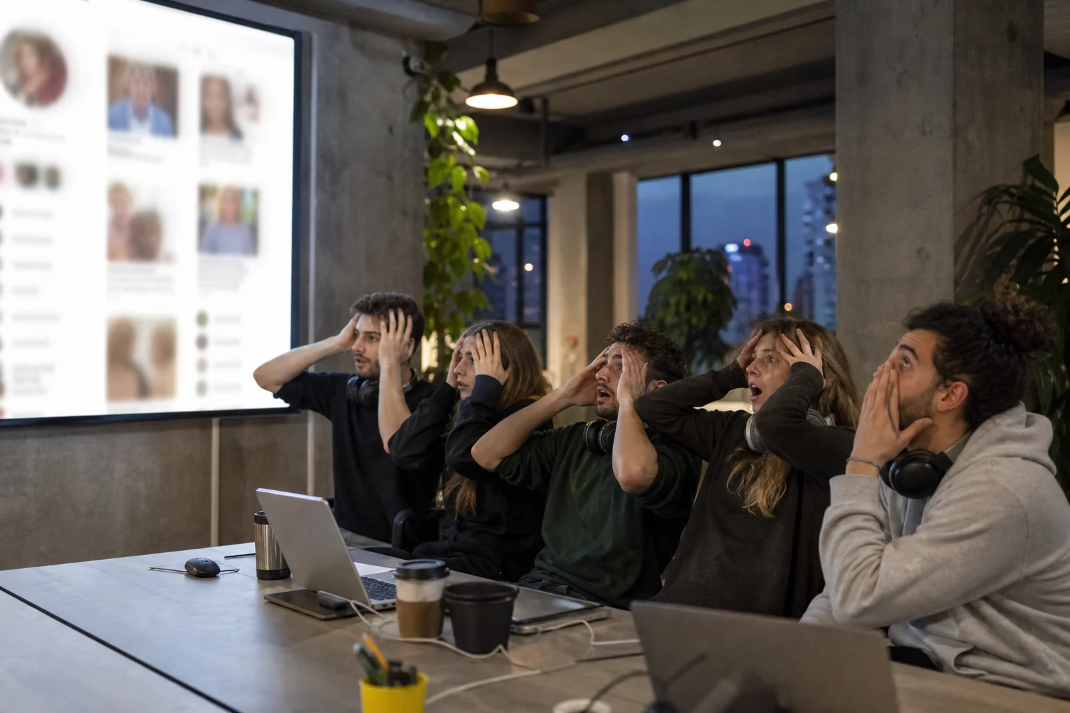 Cinco jóvenes community managers con auriculares al cuello en una agencia de marketing digital miran agotados una proyección de un feed de redes sociales con muchos avatares de personas mayores