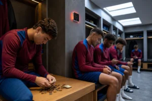 Cinco futbolistas jóvenes en chándal en un vestuario, con un termostato digital encendido en rojo en la pared y un compañero contando monedas sobre el banco