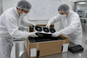 Dos técnicos en mono blanco de sala limpia de la NASA introducen una tarjeta gráfica plateada en una caja acolchada con stickers de paquetería express; al fondo, una pizarra con órbitas dibujadas a mano