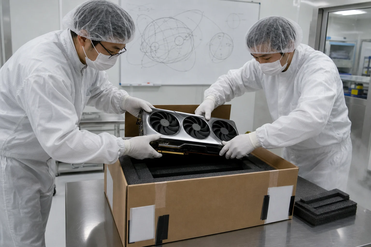 Dos técnicos en mono blanco de sala limpia de la NASA introducen una tarjeta gráfica plateada en una caja acolchada con stickers de paquetería express; al fondo, una pizarra con órbitas dibujadas a mano