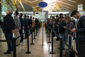 Zona de control de seguridad de un aeropuerto español con dos filas paralelas: a la derecha viajeros mirando el móvil, a la izquierda viajeros con manos cruzadas a la espalda mirando al techo en silencio