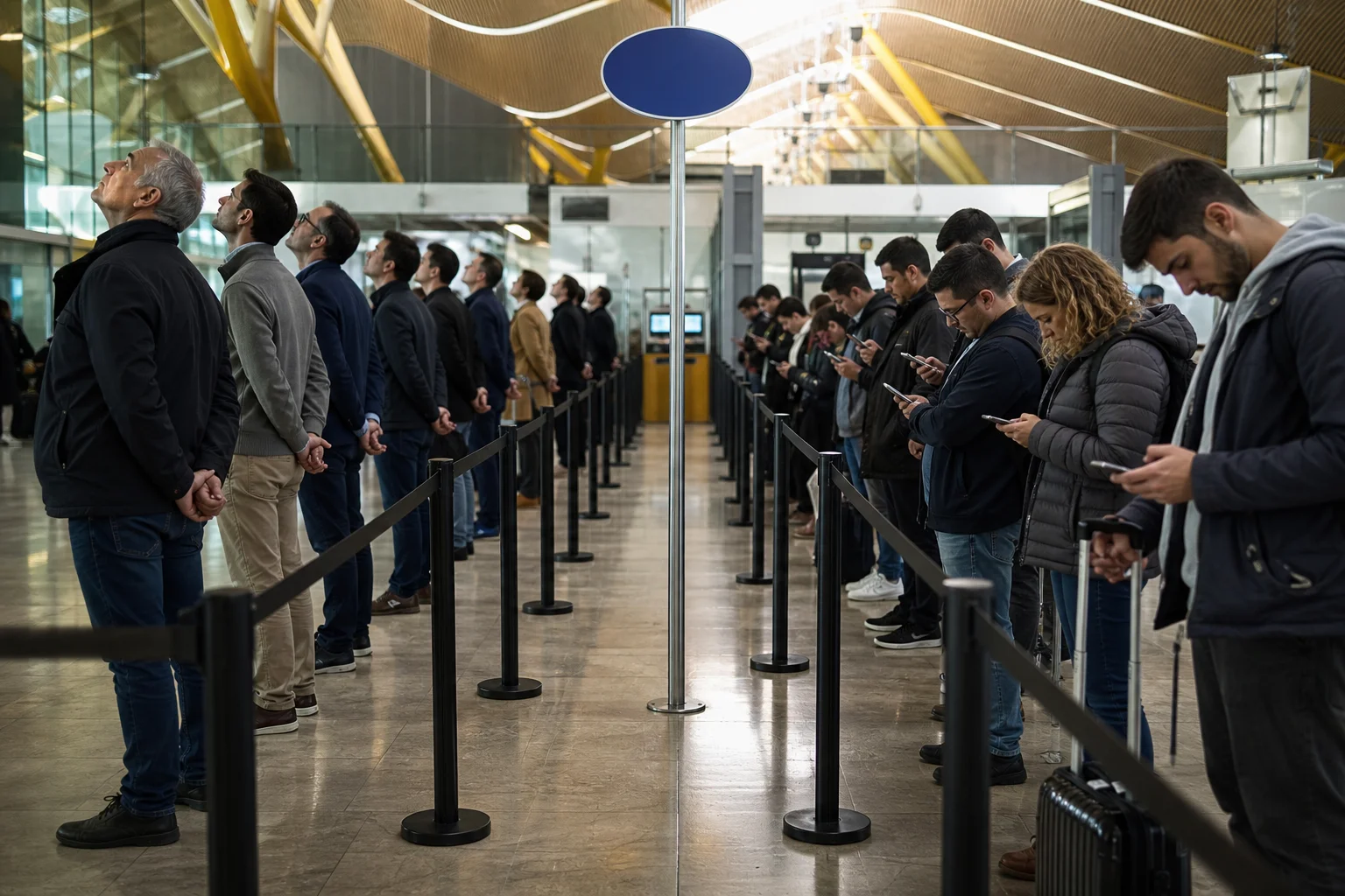 Zona de control de seguridad de un aeropuerto español con dos filas paralelas: a la derecha viajeros mirando el móvil, a la izquierda viajeros con manos cruzadas a la espalda mirando al techo en silencio