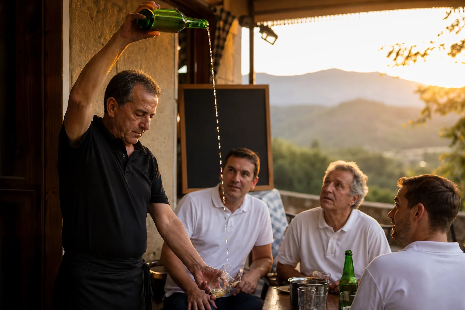 Camarero veterano asturiano escancia sidra con el brazo extendido en alto desde una botella verde a un vaso ancho colocado a la altura de la rodilla; tres comensales lo observan con reverencia